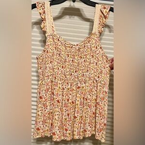 Women’s Blue Rain Floral Stretch Smocked Tank Top w/ Lace & Ruffle Straps Sz XL